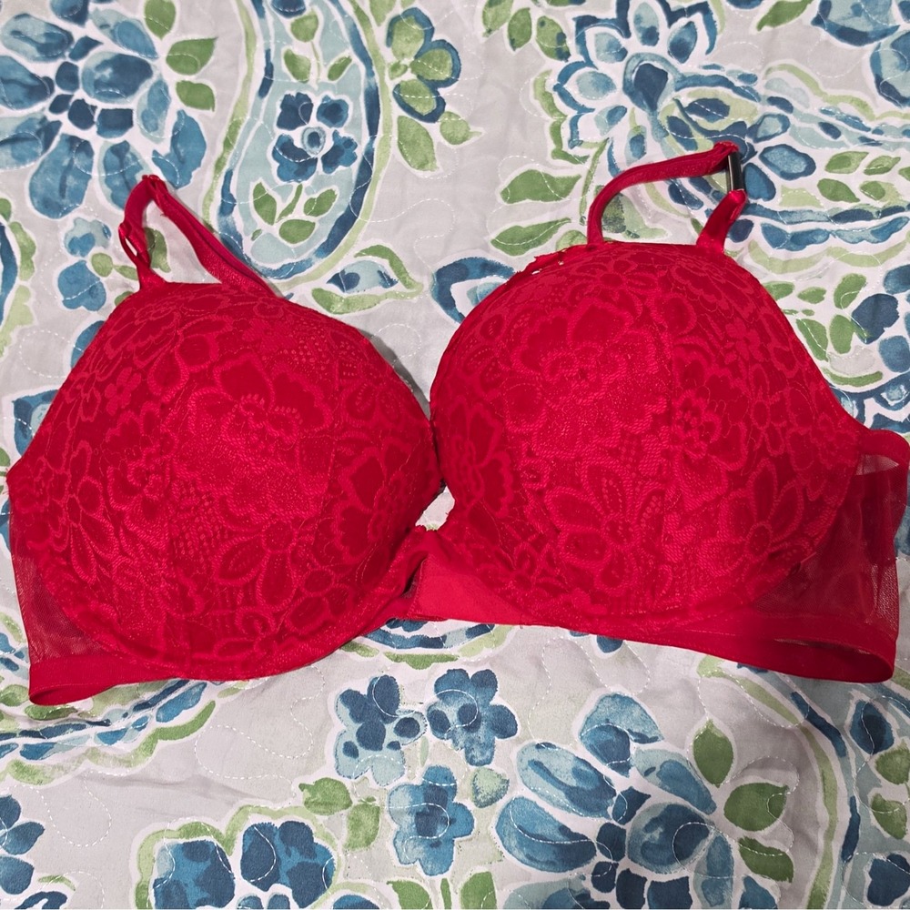 Victoria's Secret push up Underwire Bra Red Floral Lace Semi-Sheer 38D